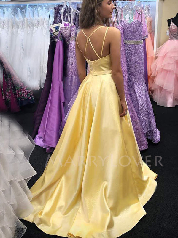 A-line Yellow Satin Spaghetti Straps V Neck Long Evening Prom Dresses, Cheap Custom prom dresses, MR7648