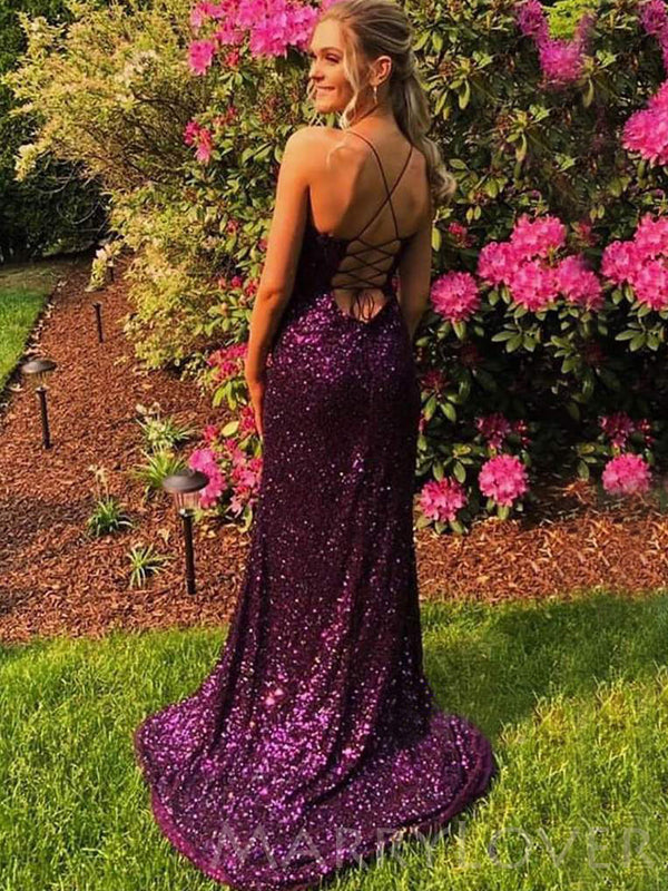 Purple Sequins Spaghetti Straps Side Slit Long Backless Evening Prom Dresses, Cheap Custom Prom Dresses, MR7656