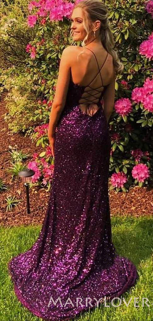 Purple Sequins Spaghetti Straps Side Slit Long Backless Evening Prom Dresses, Cheap Custom Prom Dresses, MR7656