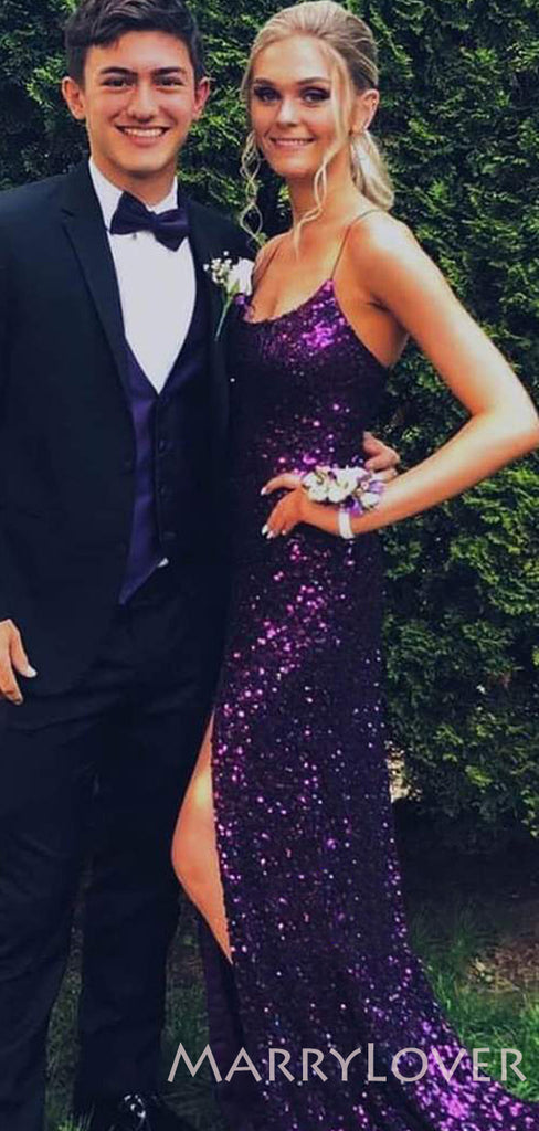 Purple Sequins Spaghetti Straps Side Slit Long Backless Evening Prom Dresses, Cheap Custom Prom Dresses, MR7656