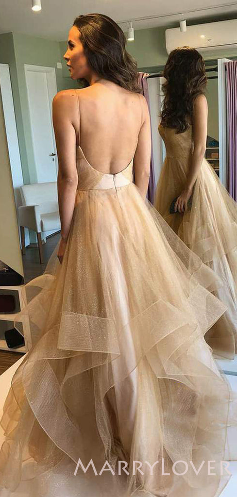 A-line Champagne Tulle Spaghetti Straps Long Backless Evening Prom Dresses, Cheap Custom Prom Dress, MR7659