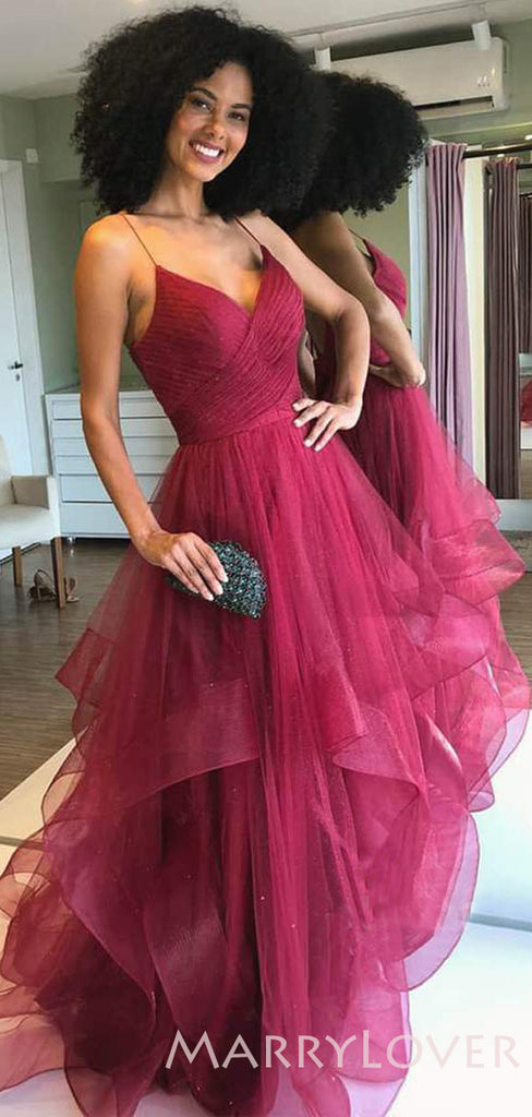 A-line Champagne Tulle Spaghetti Straps Long Backless Evening Prom Dresses, Cheap Custom Prom Dress, MR7659