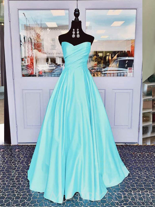 A-line Blue Satin Strapless Long Evening Prom Dresses, Cheap Custom Prom Dress, MR7664