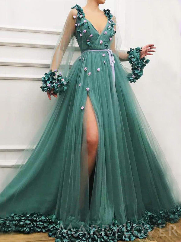 A-line V-neck Long Sleeves Green Tulle 3D Appliques Long Evening Prom Dresses, Cheap Custom Prom Dress, MR7666