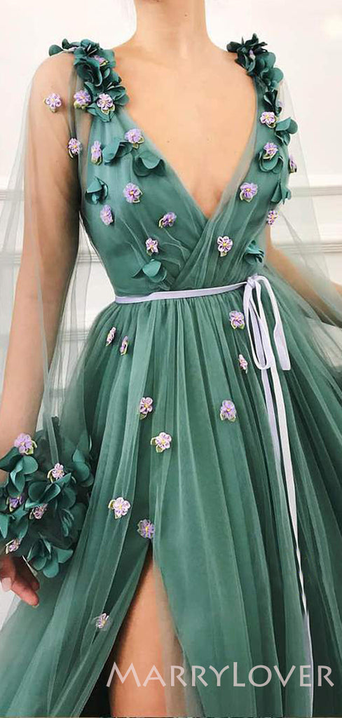 A-line V-neck Long Sleeves Green Tulle 3D Appliques Long Evening Prom Dresses, Cheap Custom Prom Dress, MR7666