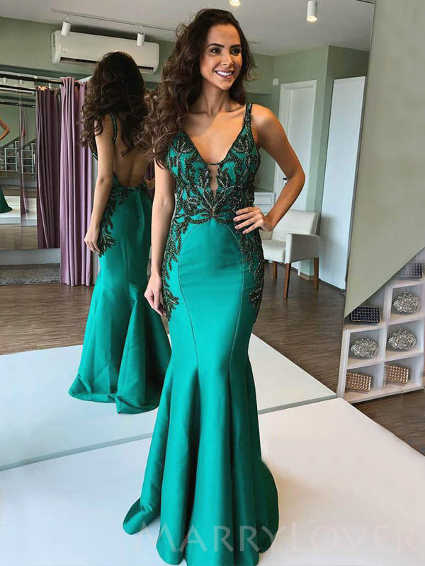 Mermaid Green Satin Beaded V Neck Appliques Long Backless Evening Prom Dresses, Cheap Custom prom dresses, MR7669