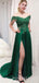 Off Shoulder A-line Appliques Green Satin Beaded Long Evening Prom Dresses, Cheap Custom Prom Dresses, MR7672