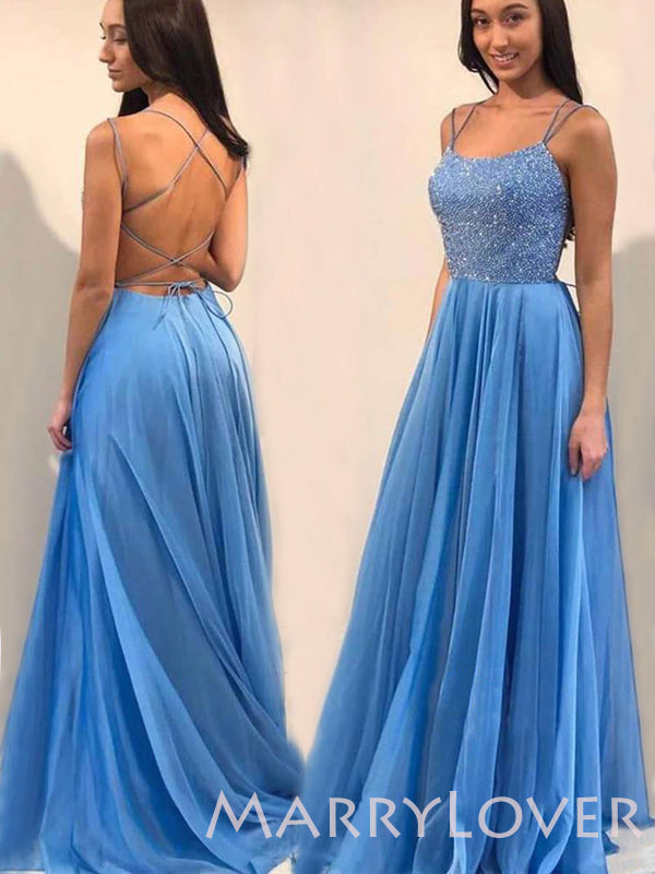 A-line Blue Tulle Beaded Spaghetti Straps Long Evening Prom Dresses, Cheap Custom Prom Dress, MR7676