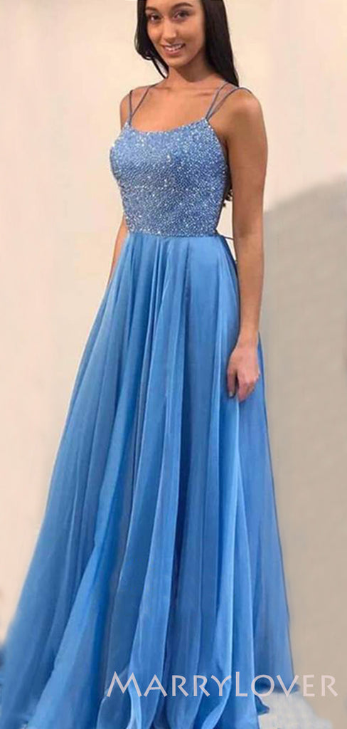 A-line Blue Tulle Beaded Spaghetti Straps Long Evening Prom Dresses, Cheap Custom Prom Dress, MR7676