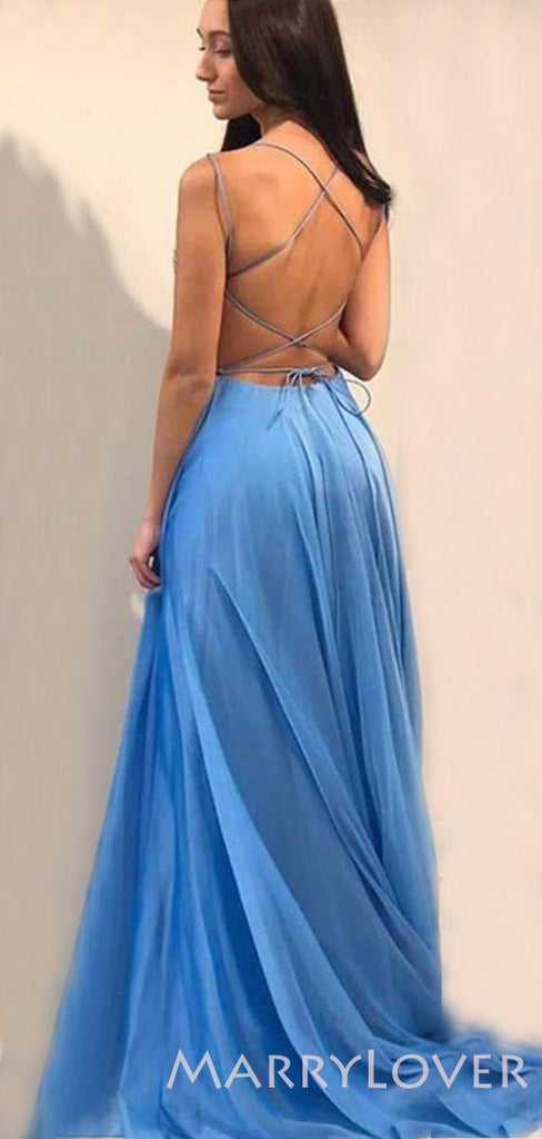 A-line Blue Tulle Beaded Spaghetti Straps Long Evening Prom Dresses, Cheap Custom Prom Dress, MR7676