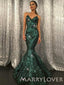 Green Sequin Mermaid V-neck Straps Long Evening Prom Dresses, Cheap Custom Prom Dresses, MR7679