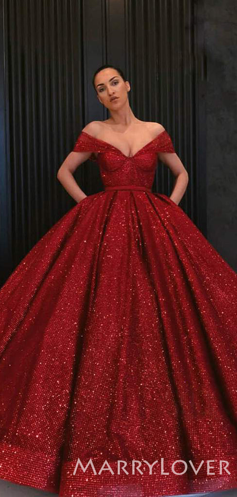 Off Shoulder Ball Gown Burgundy Sequin Sparkly Long Evening Prom Dresses, Cheap Custom Prom Dresses, MR7682