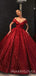 Off Shoulder Ball Gown Burgundy Sequin Sparkly Long Evening Prom Dresses, Cheap Custom Prom Dresses, MR7682