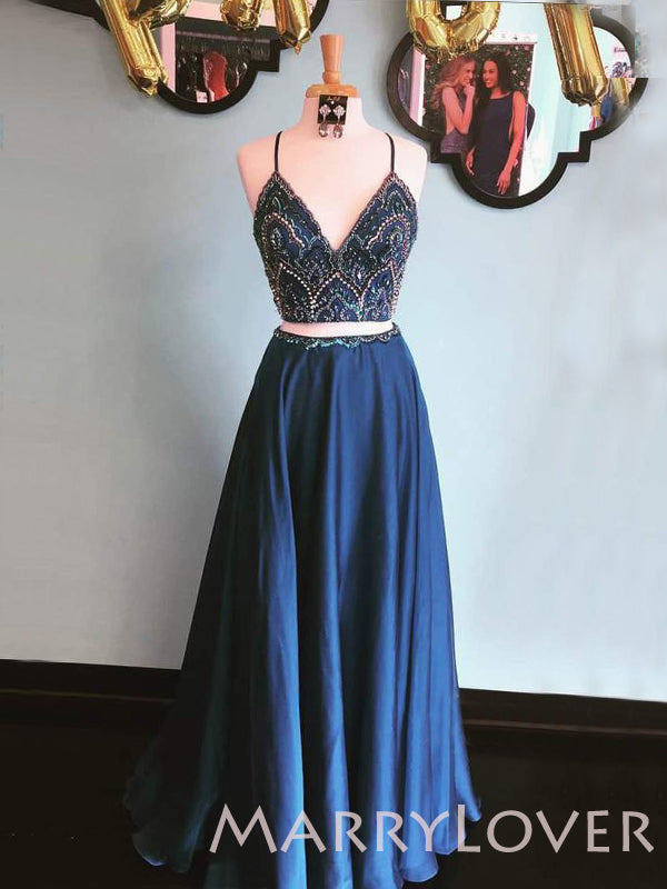 Two Pieces Navy Blue Satin Beaded Spaghetti Straps Long Evening Prom Dresses, Cheap Custom prom dresses, MR7684