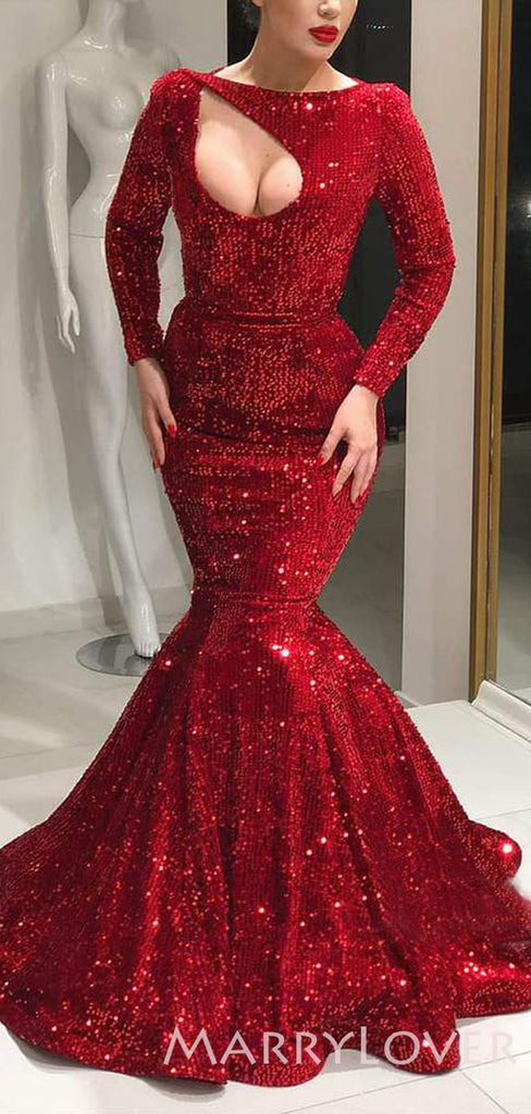 Mermaid Red Sequin Long Sleeves Long Evening Prom Dresses, Cheap Custom Prom Dresses, MR7687