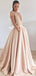 A-line Chic Jewel Embroidery Champagne Satin Long Evening Prom Dresses, Cheap Custom prom dresses, MR7688