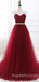 Burgundy Tulle A-line Beaded Strapless Long Evening Prom Dresses, Cheap Custom Prom Dress, MR7694