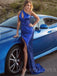 One Shoulder Blue Sequin Mermaid High Slit Long Evening Prom Dresses, Cheap Custom Prom Dresses, MR7695