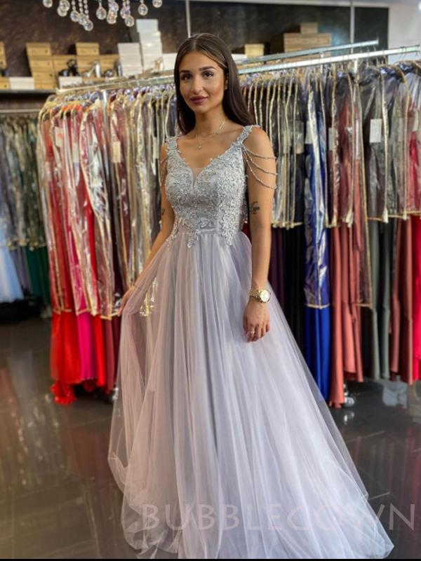 A-line V Neck Grey Tulle Appliques Long Lace Evening Prom Dresses, Cheap Custom Prom Dresses, MR7696