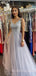 A-line V Neck Grey Tulle Appliques Long Lace Evening Prom Dresses, Cheap Custom Prom Dresses, MR7696