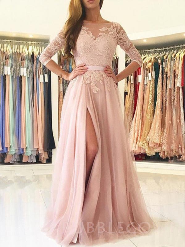 A-line Long Sleeves Pearl Pink Tulle Side Slit Long Lace Evening Prom Dresses, Cheap Custom Prom Dress, MR7698