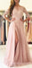 A-line Long Sleeves Pearl Pink Tulle Side Slit Long Lace Evening Prom Dresses, Cheap Custom Prom Dress, MR7698