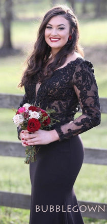 Sexy See Throuth Black Long Sleeves V-neck A-line Long Evening Prom Dresses, MR7701