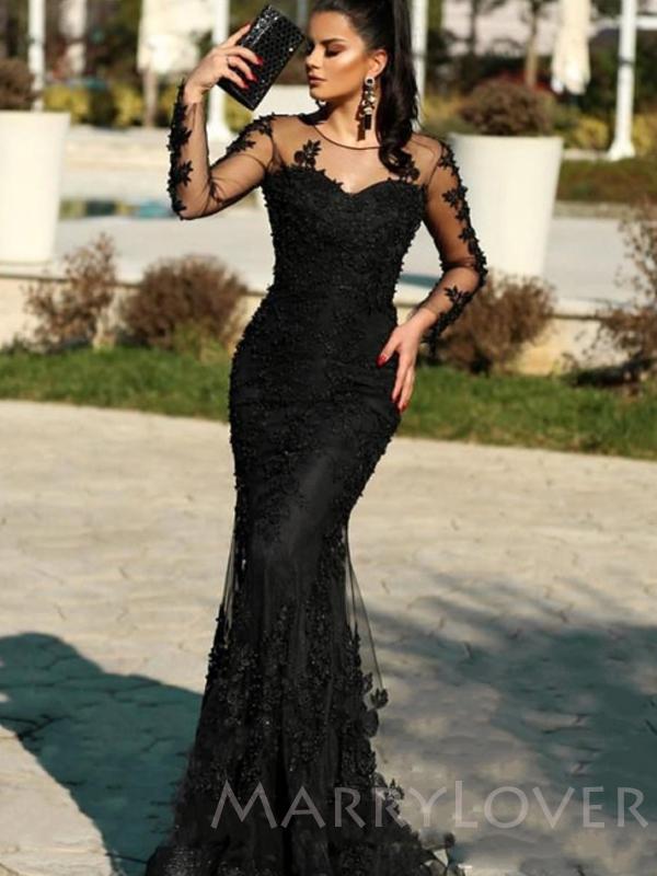 Mermaid Long Sleeves Black Tulle Appliques Lace Long Evening Prom Dresses, MR7702