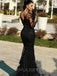 Mermaid Long Sleeves Black Tulle Appliques Lace Long Evening Prom Dresses, MR7702