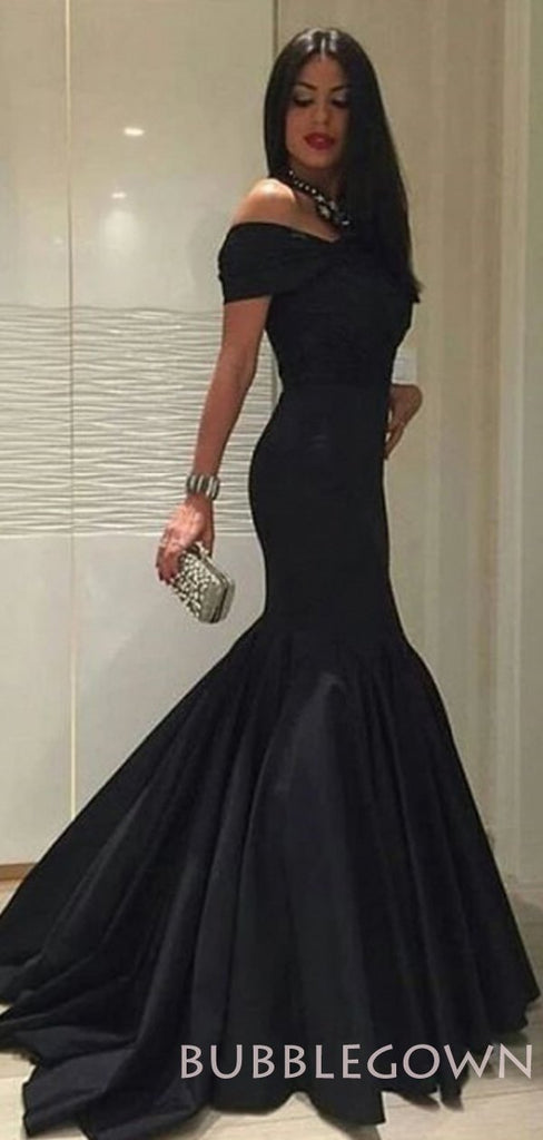 Off Shoulder Black Satin Mermaid Long Evening Prom Dresses, Cheap Custom prom dresses, MR7704