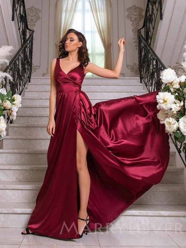 A-line Jade Satin V-neck Long High Slit  Evening Prom Dresses, MR7709