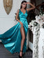 A-line Jade Satin V-neck Long High Slit  Evening Prom Dresses, MR7709