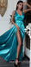 A-line Jade Satin V-neck Long High Slit  Evening Prom Dresses, MR7709