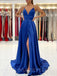 A-line Royal Blue Satin Spaghetti Straps Long Evening Prom Dresses, Cheap Custom prom dresses, MR7711