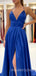 A-line Royal Blue Satin Spaghetti Straps Long Evening Prom Dresses, Cheap Custom prom dresses, MR7711