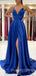 A-line Royal Blue Satin Spaghetti Straps Long Evening Prom Dresses, Cheap Custom prom dresses, MR7711