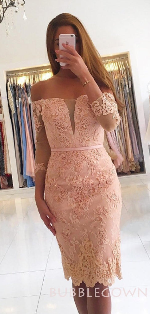 Mermaid Lace Long Sleeves V-neck Short Evening Prom Dresses, Homecoming Dresses, MR7714