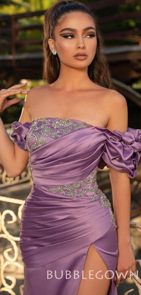 Off Shoulder Purple Satin  Beaded Long Backless Evening Prom Dresses, Cheap Custom prom dresses, MR7715