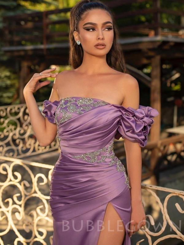 Off Shoulder Purple Satin  Beaded Long Backless Evening Prom Dresses, Cheap Custom prom dresses, MR7715