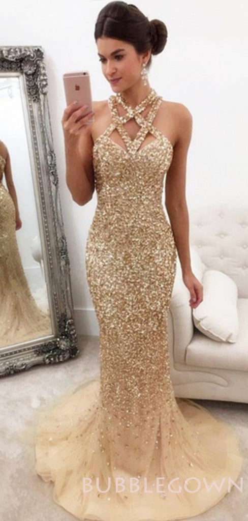 Mermaid Beaded Halter Long Evening Prom Dresses, Cheap Prom Dress, MR7720