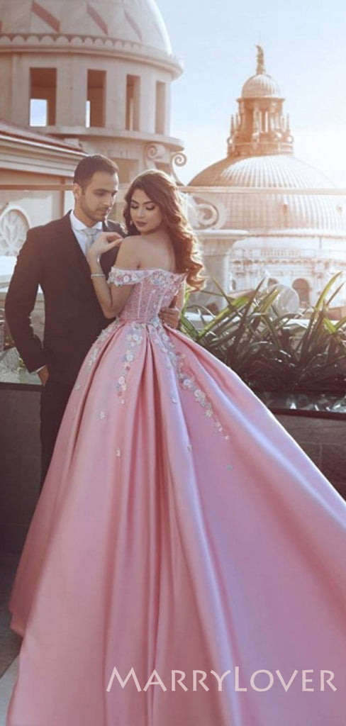 Off Shoulder Pink Satin Ball Gown Appliques Long Evening Prom Dresses, Cheap Custom Prom Dresses, MR7722