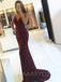 Mermaid Burgunndy Sequin Backless Long Evening Prom Dresses, Cheap Custom Prom Dresses, MR7723