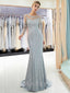 Long Sleeves Mermaid Beaded Luxury Silver Long Evening Prom Dresses, Cheap Custom Prom Dresses, MR7724