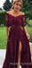 Off Shoulder Half Sleeves A-line Burgundy Satin Appliques Long Evening Prom Dresses, Cheap Custom prom dresses, MR7726