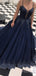 A-line Navy Blue Tulle Appliques Ball Gown Lace Long Evening Prom Dresses, Cheap Custom Prom Dresses, MR7730