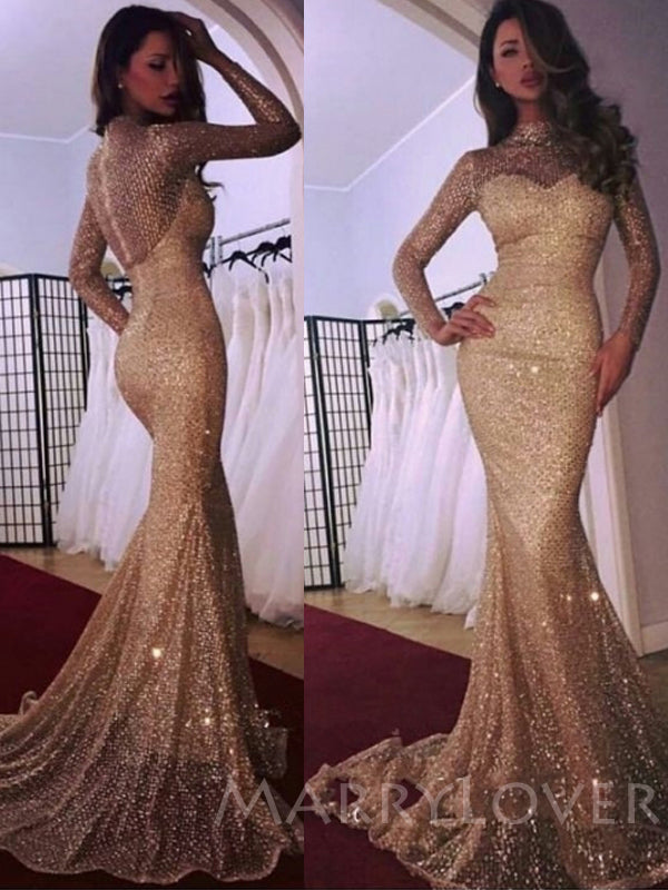 Elegant Mermaid Champagne Gold Sequin Long Sleeves Long Evening Prom Dresses, Cheap Custom Prom Dresses, MR7733