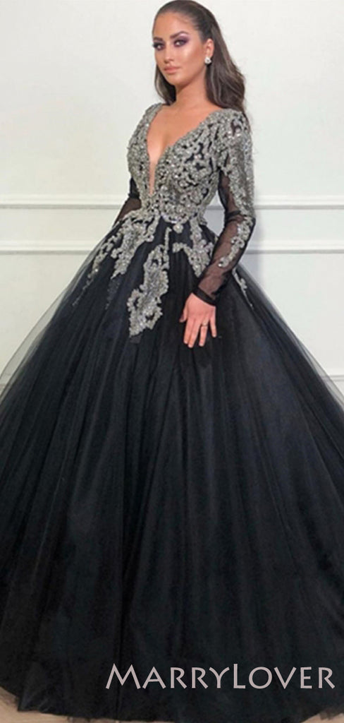 Long Sleeves Appliques Deep V-neck Ball Gown Black Tulle Long Evening Prom Dresses, Cheap Custom Prom Dresses, MR7741