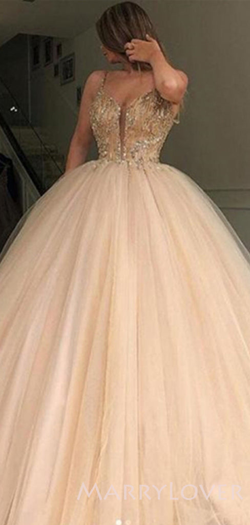 Deep V-neck Ball Gown Spaghetti Straps Tulle Beaded Long Evening Prom Dresses, Cheap Custom Prom Dresses, MR7743