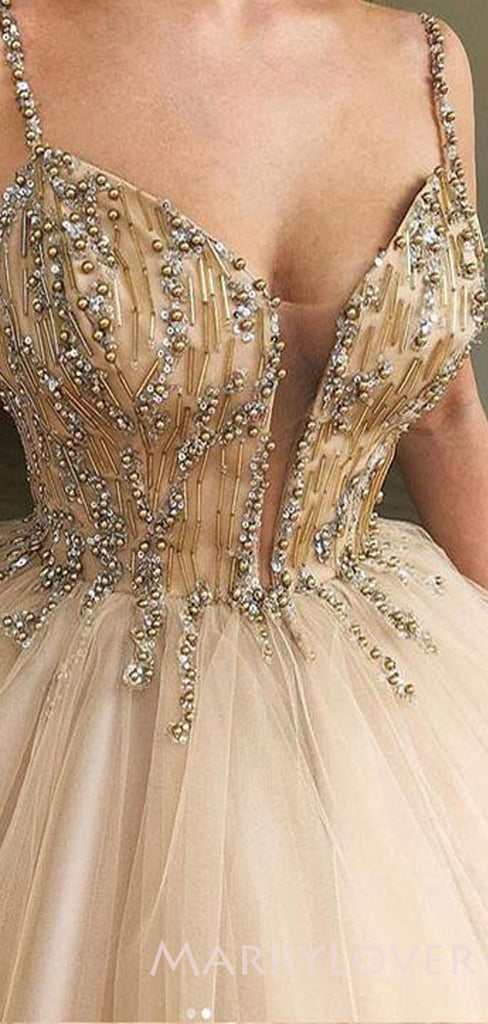 Deep V-neck Ball Gown Spaghetti Straps Tulle Beaded Long Evening Prom Dresses, Cheap Custom Prom Dresses, MR7743