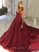 A-line Burgundy Sequin Deep V-neck Long Mermaid Evening Prom Dresses, Cheap Custom Prom Dresses, MR7746